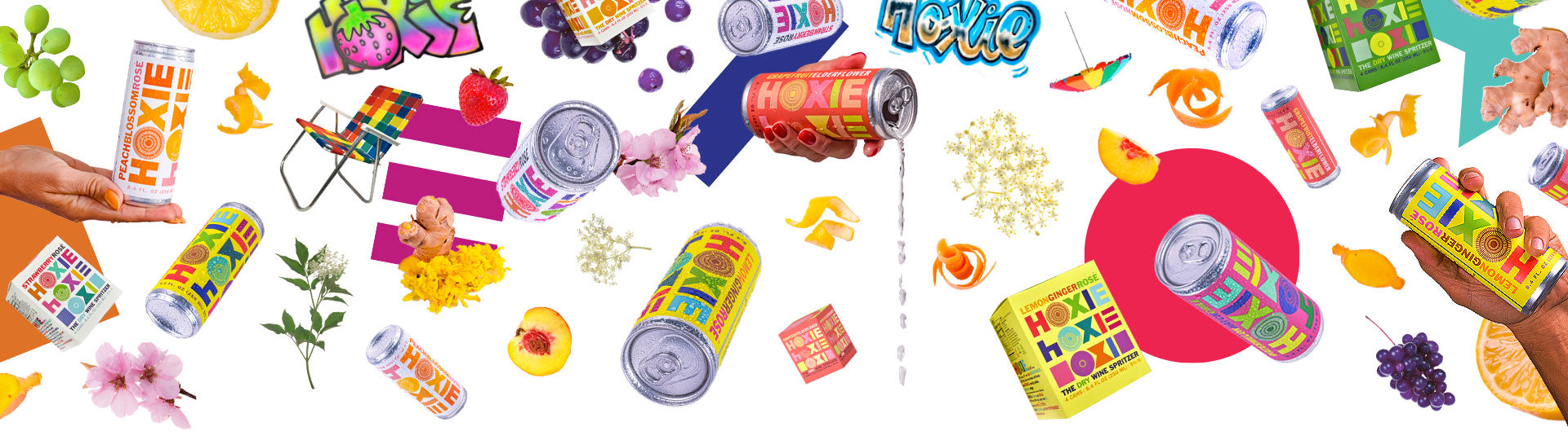 Cans of HOXIE Wine Spritzer in hands with a colorful art background
